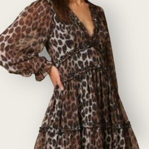 NWT BY TOGETHER Leopard Animal Print Deep V-Neck Ruffle Trim Tiered Mini Dress M